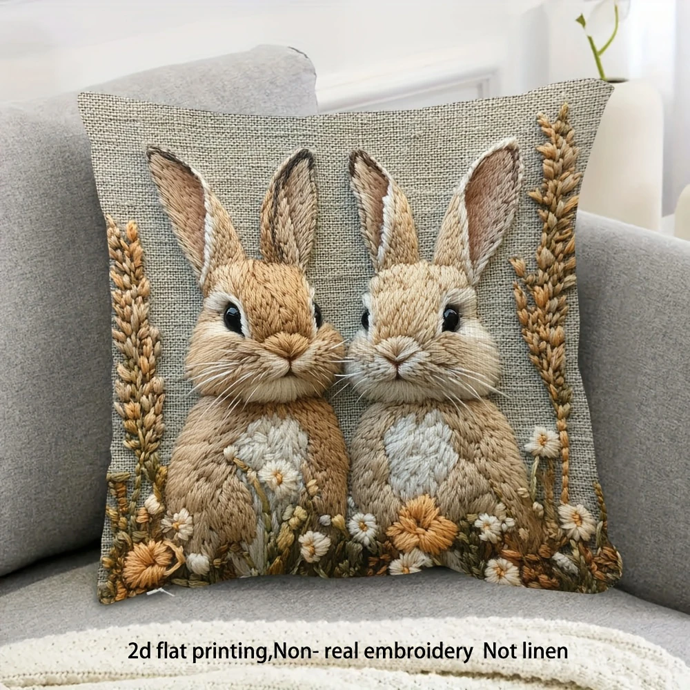 1pc 2D rabbit pattern pillow case, pastoral style pillowcase, no pillow core, suitable for living room and other home decoration