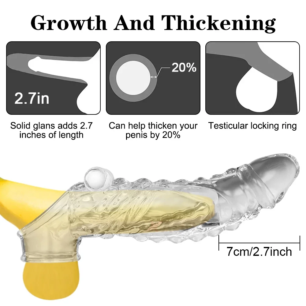 Reusable Penis Extender Dildo Silicone Sleeve Glans Delay Ejaculation Cockring Condom Vibrator For Men Couples Adult Sex Toys - Image 3