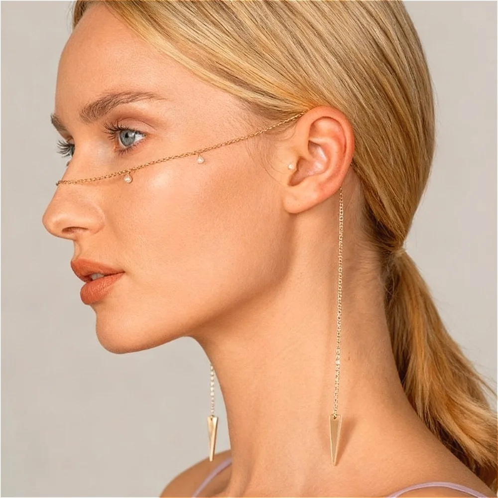 Gesichtskette mit geometrischen Quasten und schlanker Reisperlenkette für Damen – Neues, einzigartiges Geschenk für Geburtstagsfeiern und den Alltag – Detail 2