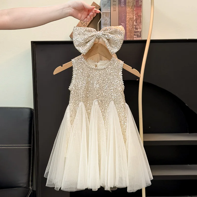 champagne baby Girls Sequined Dress Kids Princess Birthday Party Mesh Gown Child Casual Clothes Toddler Vestidos dresses 2-10Y