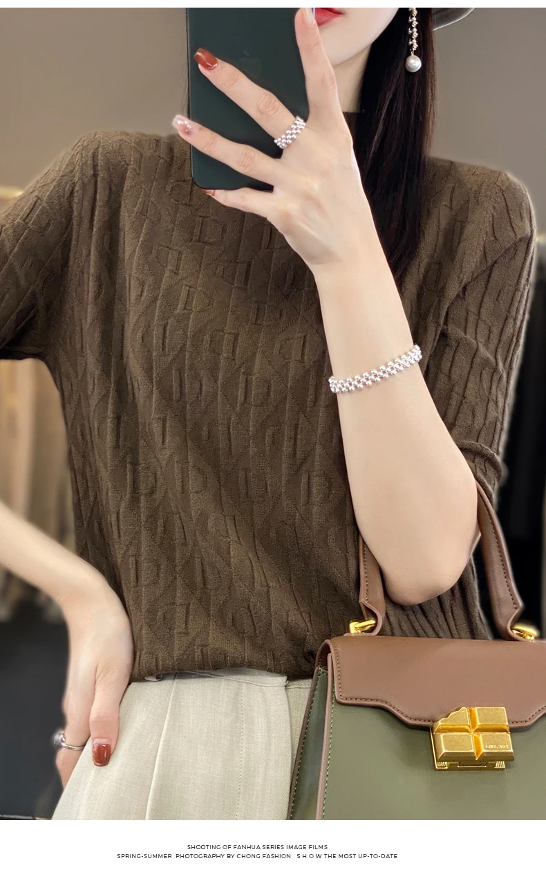 Women New Soft Diamond Letter Design Sweater Half-high Collar Three Quarter Sleeve Pullover Spring Summer Casual Knit Slim Top
