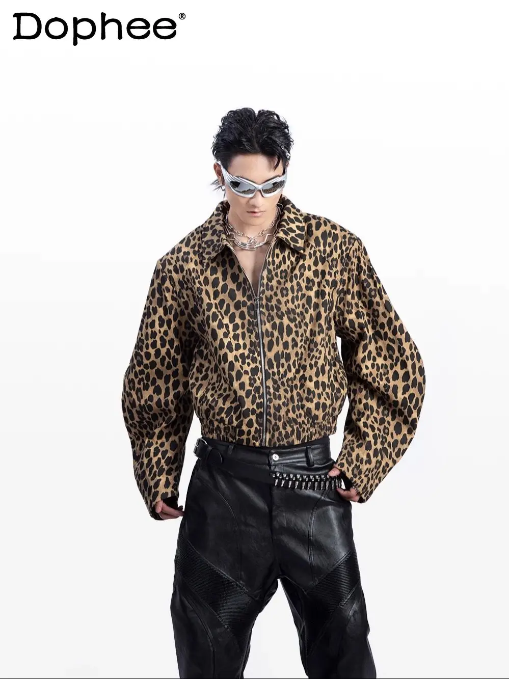 

2026 Spring New American Retro Design Leopard Print Short Jacket High-end Zipper Turn-down Collar Motorcycle Jacket for Men