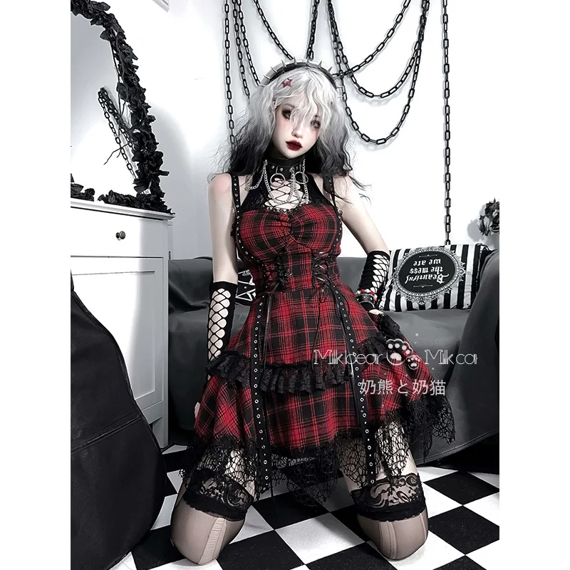 

Gothic Girl Dress Dark Wind Summer New Gothic Plaid Trend Bandage Waist Deep V Suspender Dress Women Lolita Dress