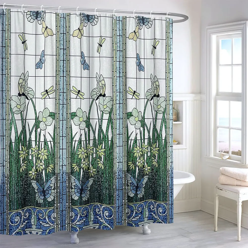 Stained Glass Meadow Flower Dragonfly Print Polyester Fabric Shower Curtain Home Hotel Apartment Bathroom Bath Curtain Carpet