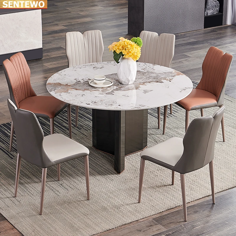 Designer Luxury round kitchen Marble Rock Slab dining table set 8 chairs mesa de jantar posta furniture marbre Carbon steel base