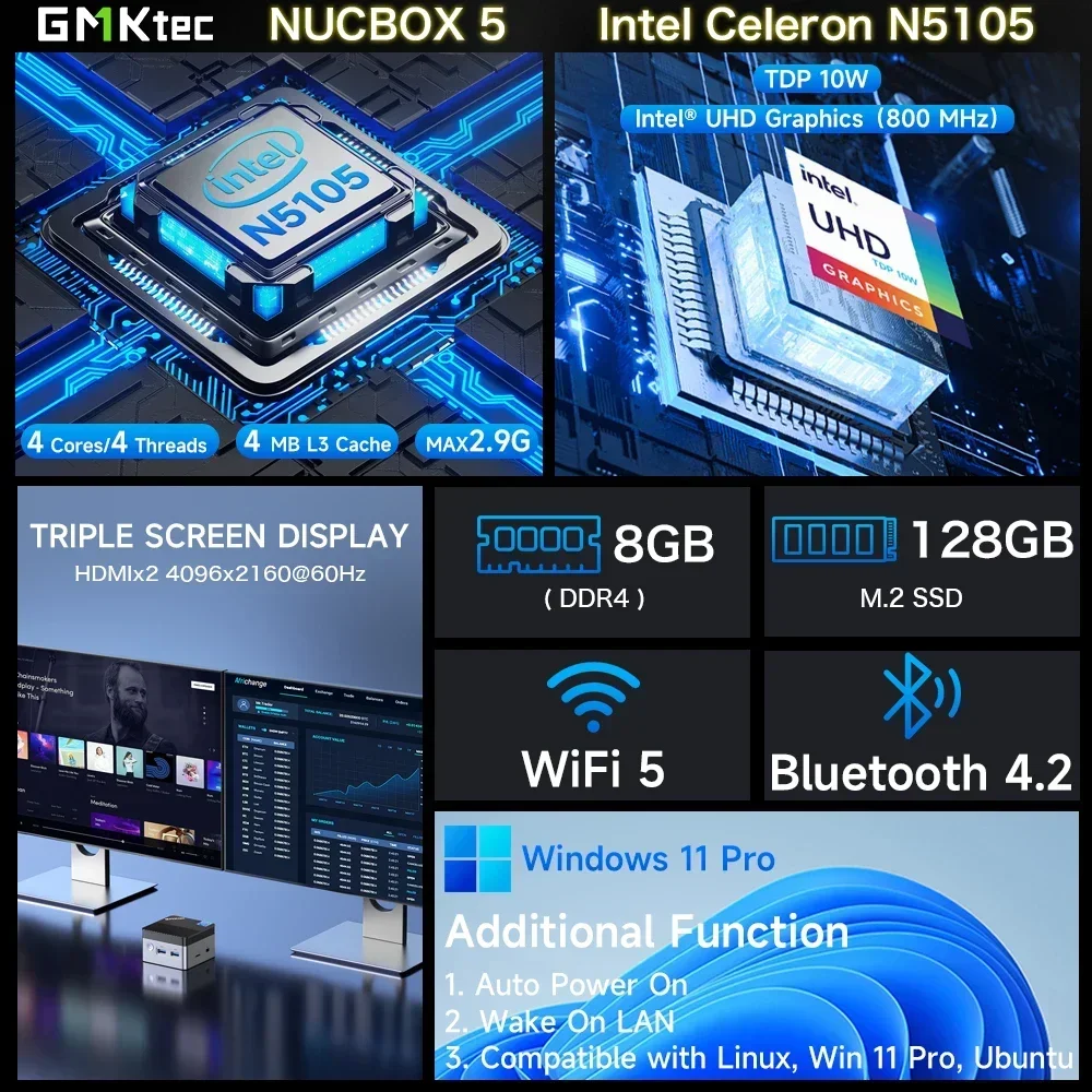Atas! GMKtec KB5 PC Mini Intel Celeron N5105 Windows 11 Pro 4K Mini PC DDR4 8GB RAM 128GB ROM WiFi5 BT4.2 Komputer Desktop Bekerja