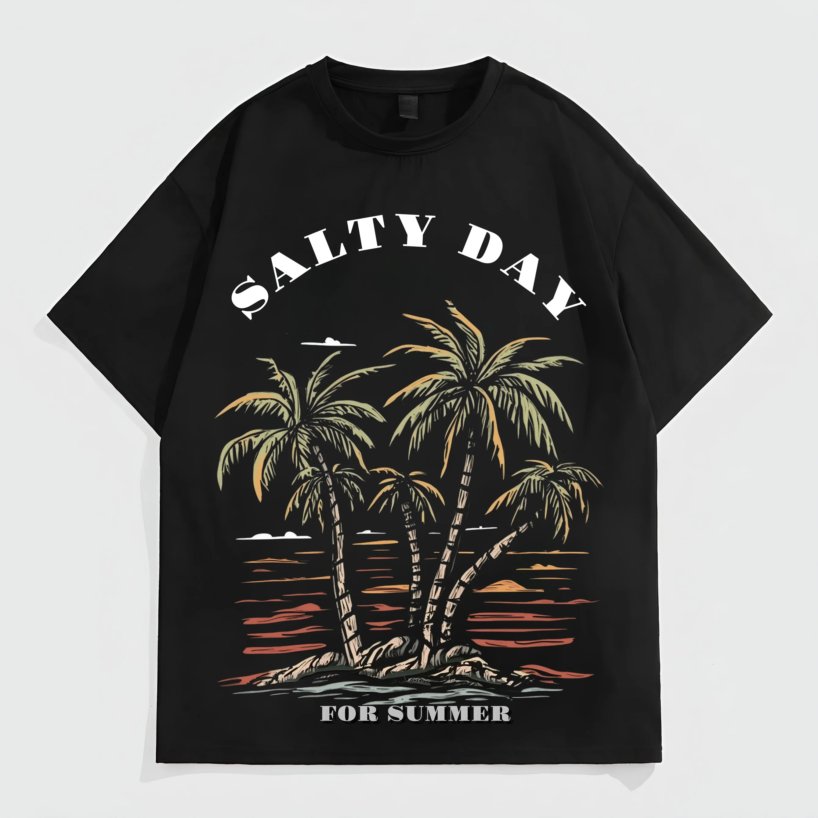 

Teevo Men's Casual T-Shirt Palm Tree and Sunset Print SALTY DAY FOR SUMMER Text Summer Beachwear Fashion Top