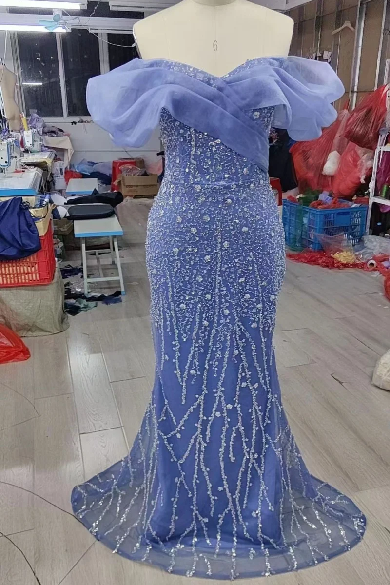 Vestidos de Noche de sirena de lujo con lentejuelas, Bodycon de tren de barrido con lazo azul, vestido de novia con cuentas, vestido de graduación, vestido de Gala de regreso a casa Maxi