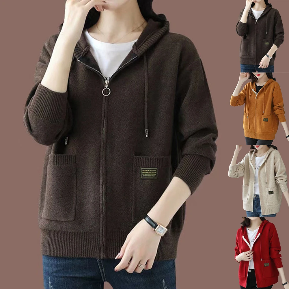 Felpa con cappuccio a maniche lunghe cardigan maglione lavorato a maglia con cappuccio da donna casual con tessuto ad alta elasticità adatto per l'autunno e l'inverno