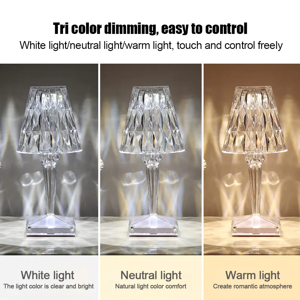 LED Crystal Table Lamp Rechargeable USB Diamond Touch Sensor Battery Desk Lamp Bar Light Restaurant Acrylic Lamp LED Night Light
