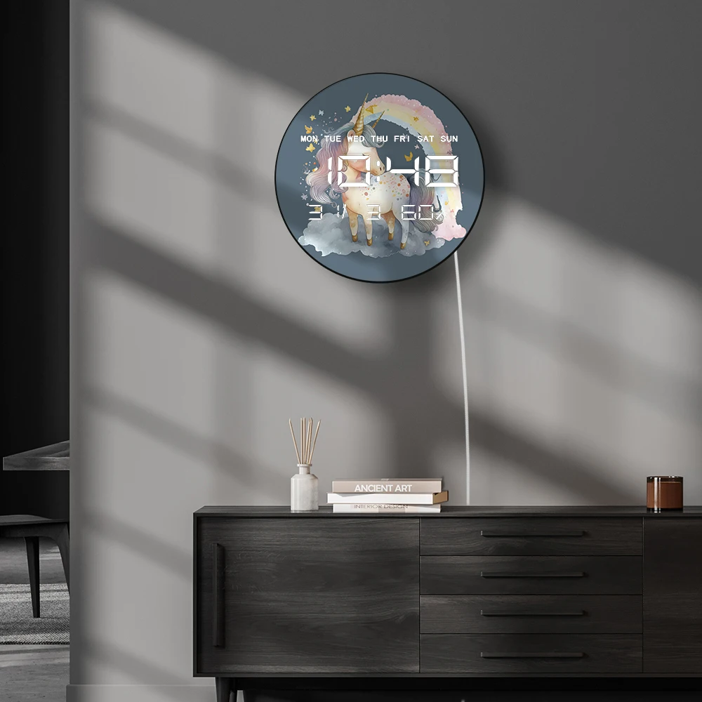 قوس قزح يونيكورن ساعة حائط إلكترونية حديثة عرض عددي كبير للفتيات غرفة الحضانة الخيال ديكور المنزل ساعة حائط رقمية