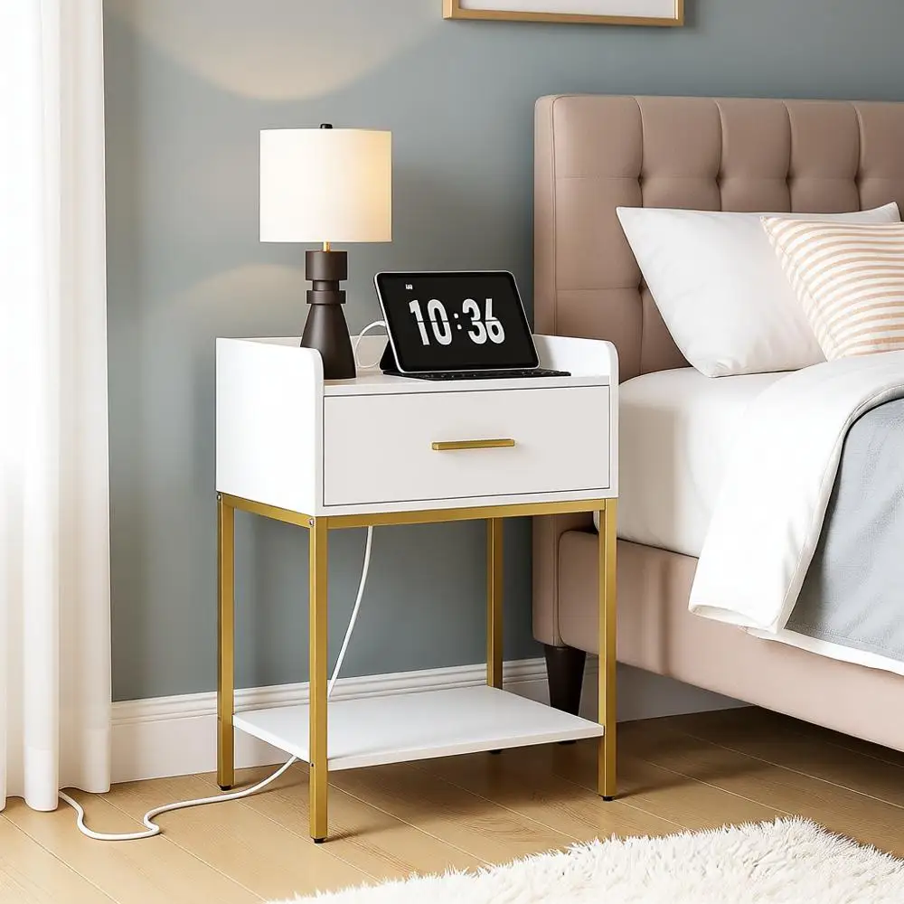 

Современная прикроватная тумбочка с зарядкой, столик для кровати с ящиками и двухъярусной полкой для хранения, компактный приставной столик, белая прикроватная тумбочка, элегантный белый