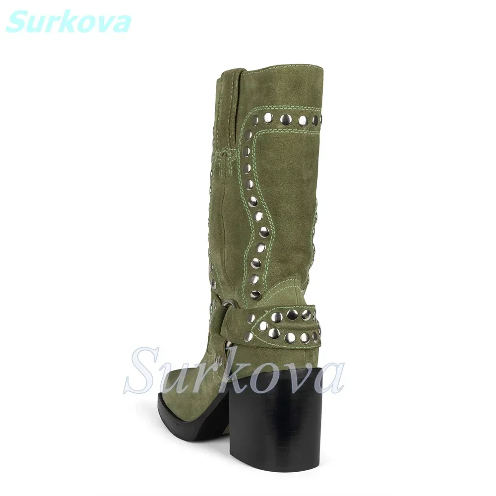 Rivet Boho Boots Square Toe Square High Heels Slip On Mid Calf Boots Fashion Women Shoes Spring Autumn Winter Modern Booties