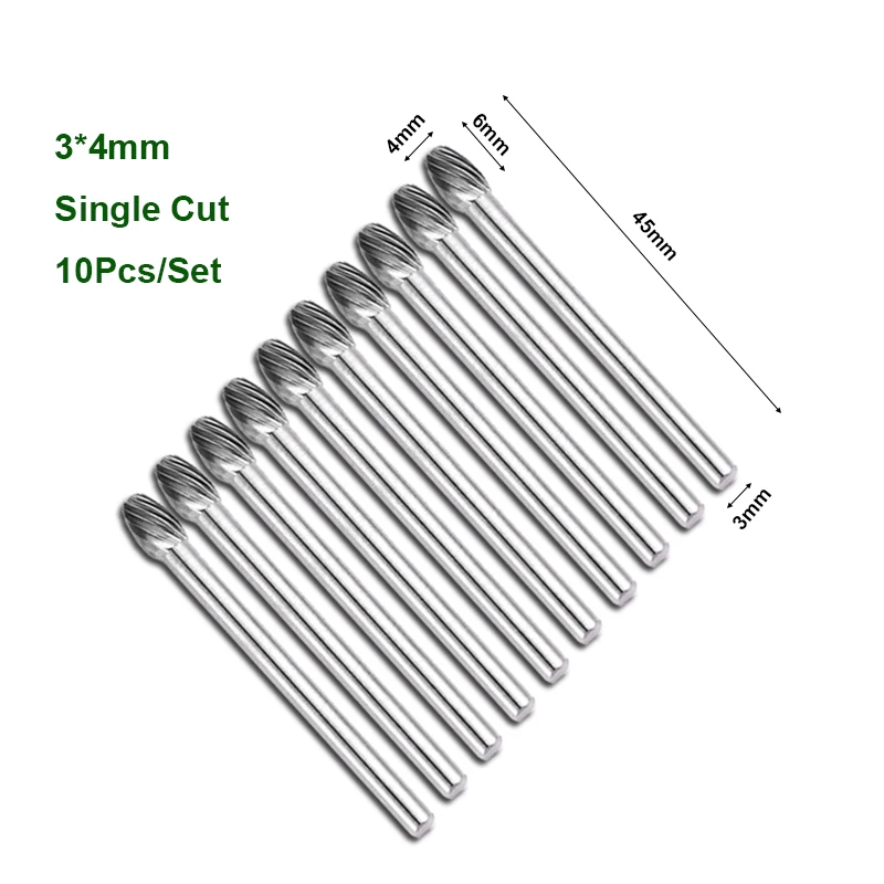 10 Pcs Type E 3*3/4/5/6mm Tungsten Carbide Rotary Files Set Milling Cutter for CNC Engraving, Grinding -Wood/Metal/Plastic/Steel