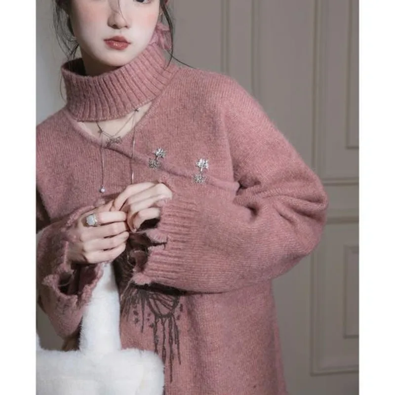 Chinese Style Butterfly Printing Sweet Sweater Women Autumn Winter Hollow Out Fashion Knitwear Trend All-match Knitting Tops