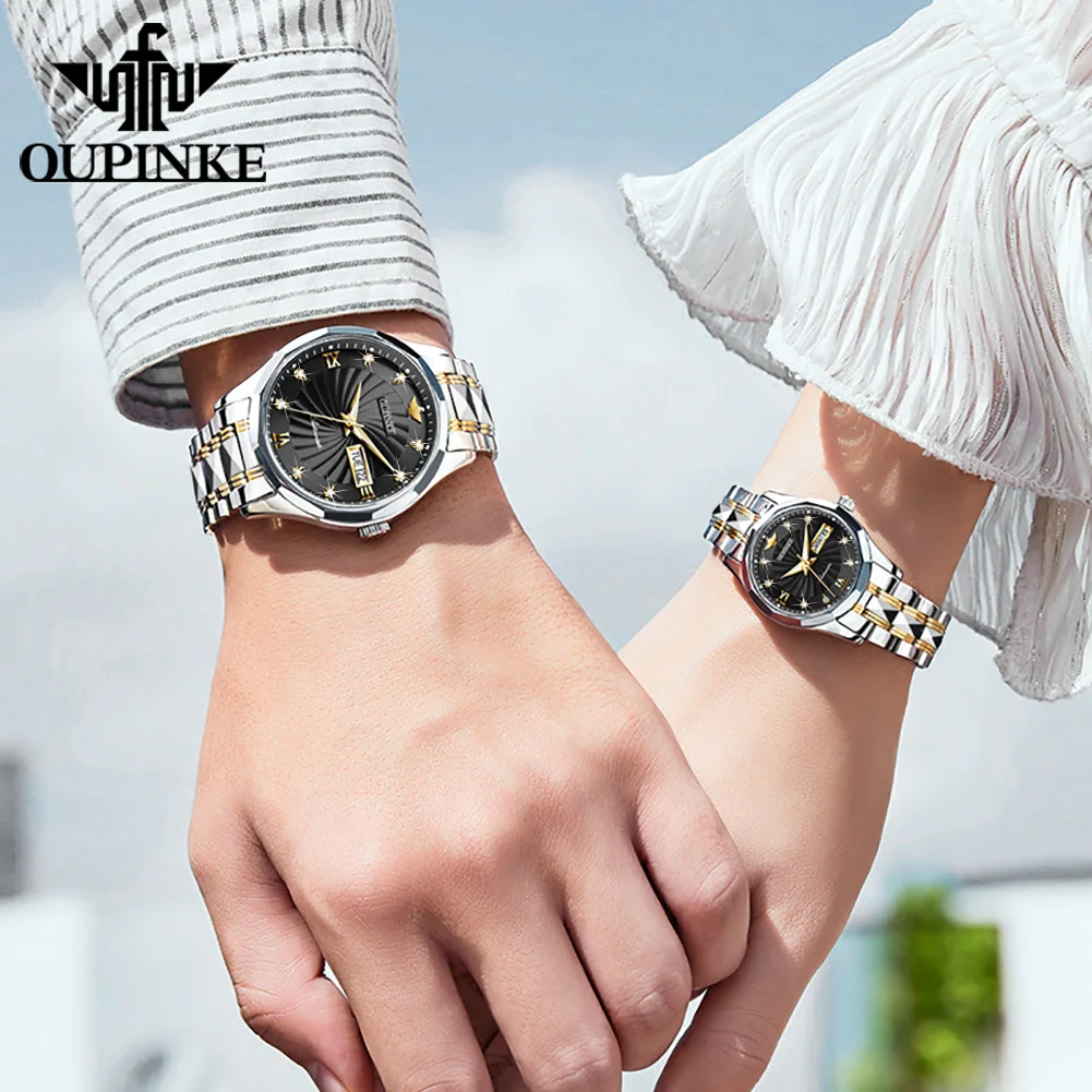 OUPINKE3169 jam tangan mekanis otomatis sertifikasi Swiss jam tangan pasangan Tungsten baja cermin safir Set Pasangan Pria Wanita