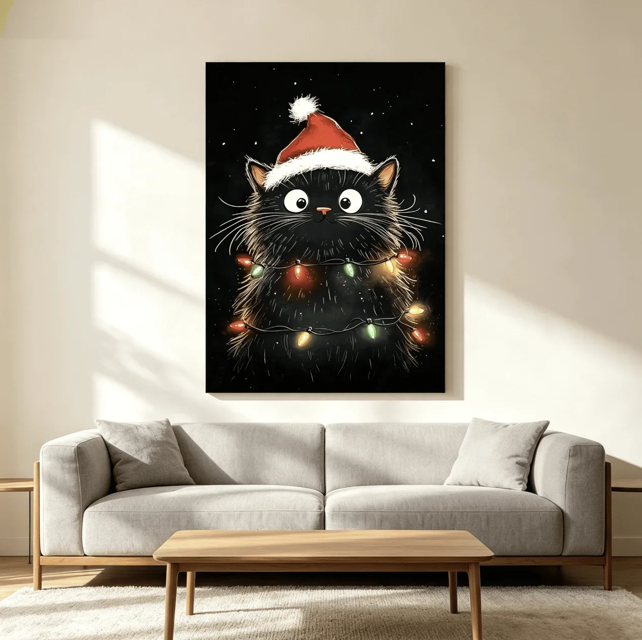 1pc frameless Canvas Painting Cartoon Black Cat with Santa Hat & Xmas Lights Canvas Wall Art Prints Poster, Winter Animal Art, F