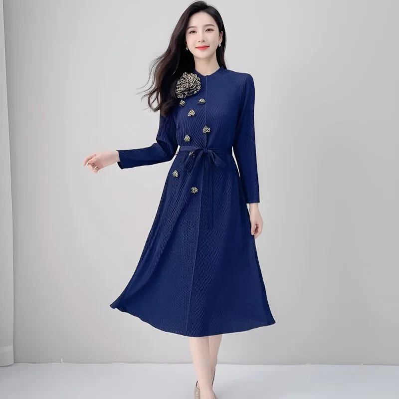 

Miyake Pleated Fall Winter Bottoming Dresses European Long-sleeved Beaded Design Straight Large Size Elastic Long Dress Clothing