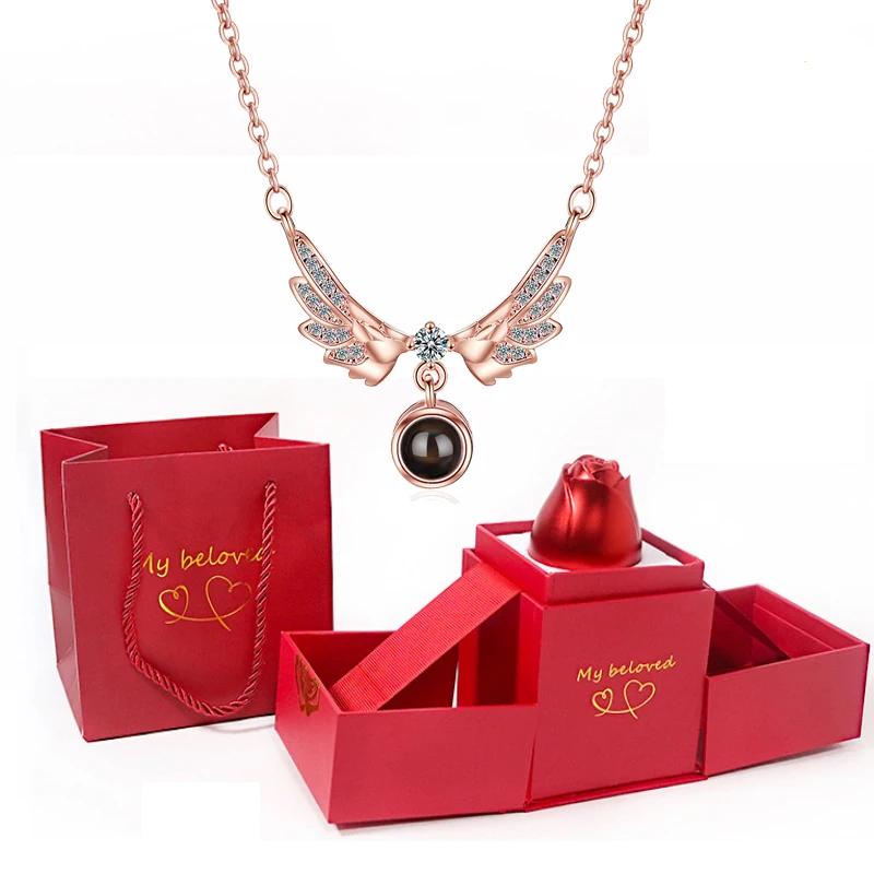 Angel Wings Necklace With Rose Gift Box 100 Languages I Love You Projection Pendant Jewelry 2024 Romantic Accessories Wholesale