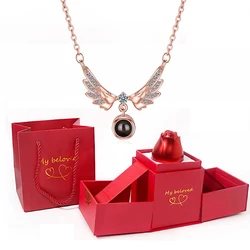 Angel Wings Necklace With Rose Gift Box 100 Languages I Love You Projection Pendant Jewelry 2024 Romantic Accessories Wholesale
