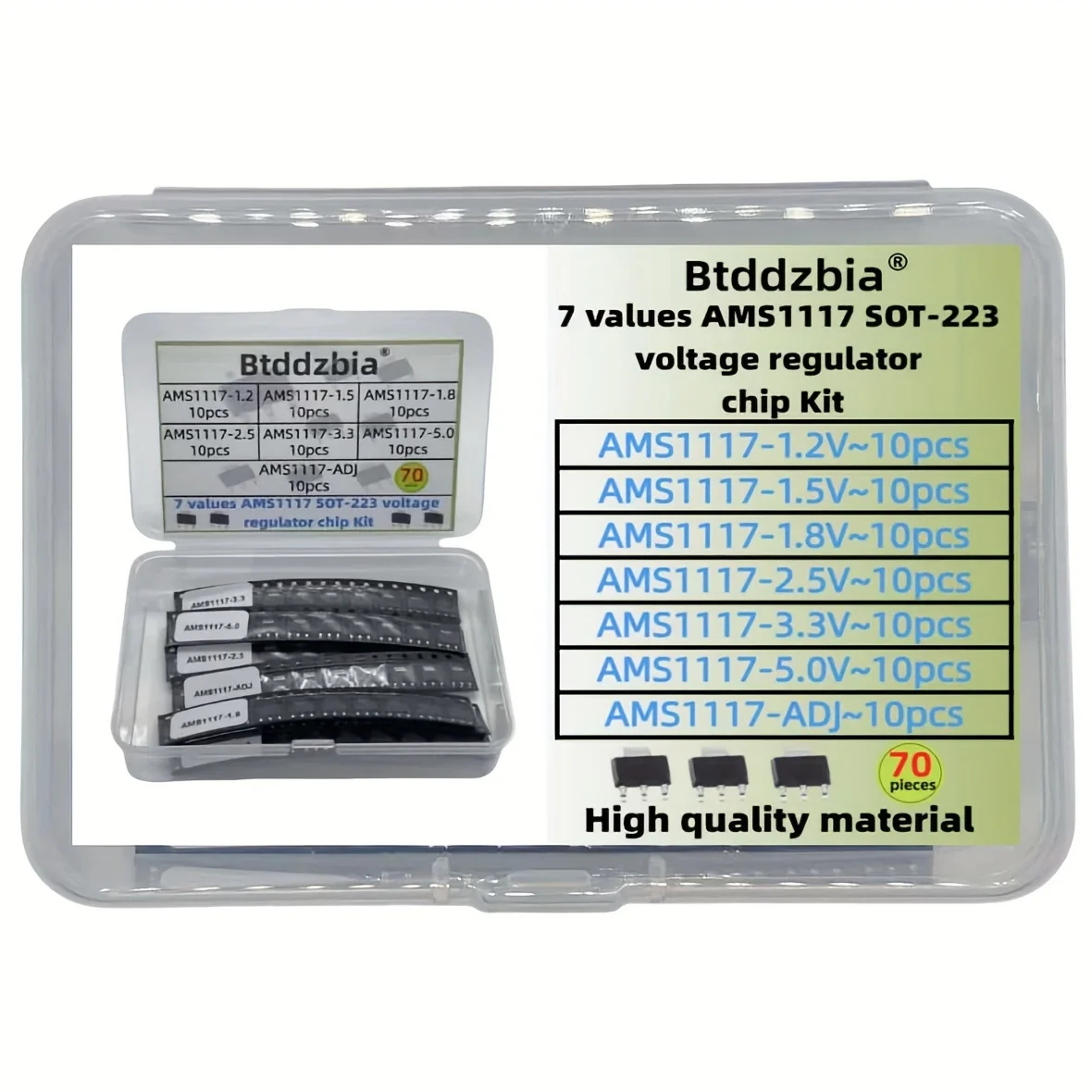70 stks kit Spanningsregelaar Kit AMS1117 1.2 V/1.5 V/1.8 V/2.5 V/3.3 V/5.0 V/ADJ lm1117 AMS1117-1.2 AMS1117-1.8 AMS1117-2.5 AMS1117-3.3
