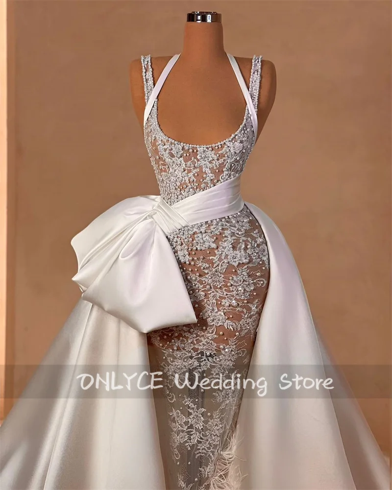 New Design Sparkly Wedding Dresses 2024 Detachable Train Straps Pearls Lace Beading Bridal Gowns Dubai Arabic Vestido De Novia