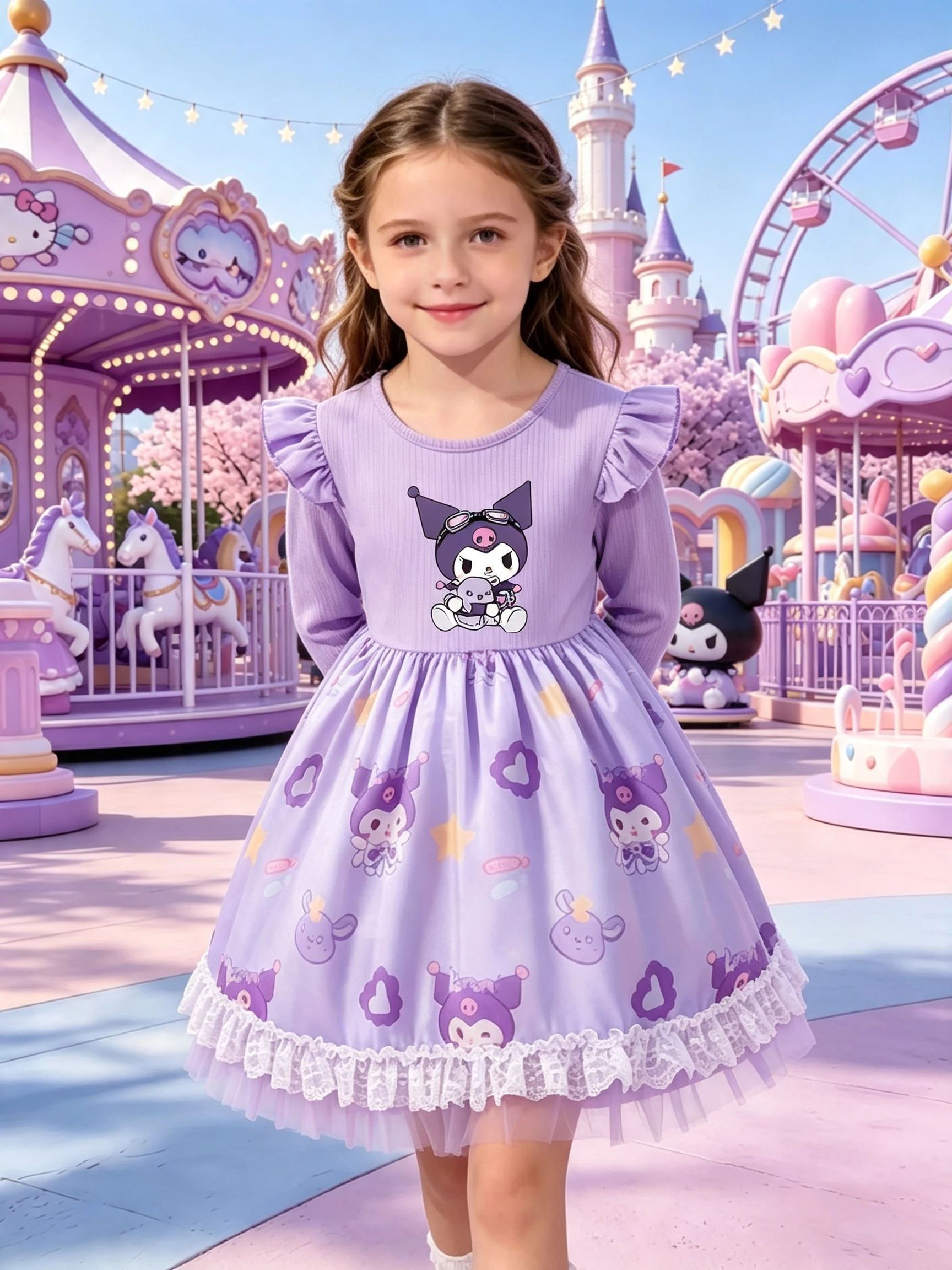 Little Girl Kuromi Cartoon Printed Tulle Dress, Crew Neck, Flutter Long Sleeves, Double-Layer Lace Hem, Spring & Autumn Princess
