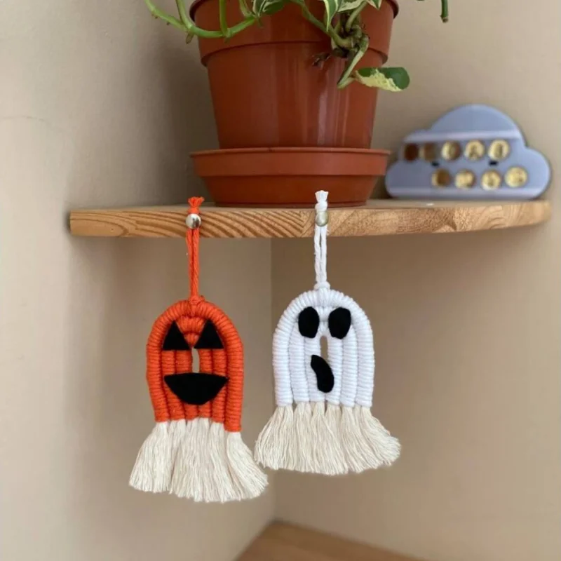 

Halloween hanging tapestry with tassel for wall decoration, handmade woven ghost pendant, for room and nursery