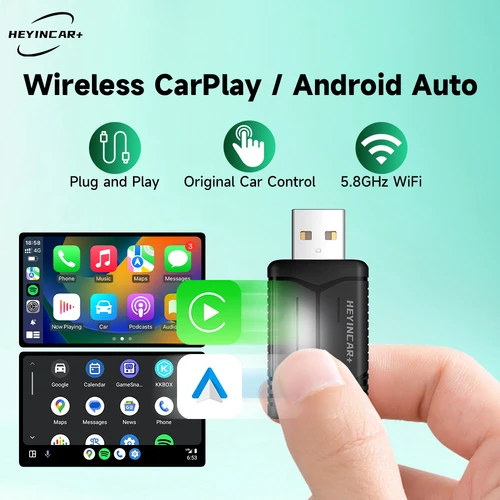 2025 HEYINCAR 2 en 1 adaptador inalámbrico Android Auto Carplay Dongle inteligente Plug and Play para Kia Volvo Audi MG Opel VW Hyundai Jeep
