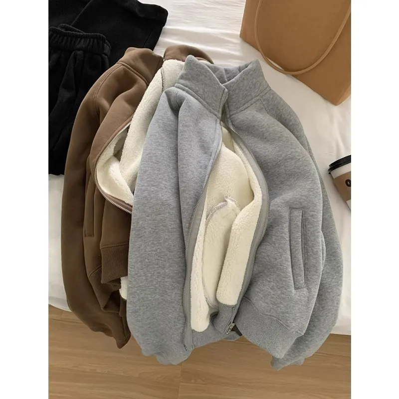 

Зимняя утепленная толстовка из овечьего флиса с воротником-стойкой на молнии, универсальная теплая кофта в корейском стиле для повседневной носки, удлиненная модель