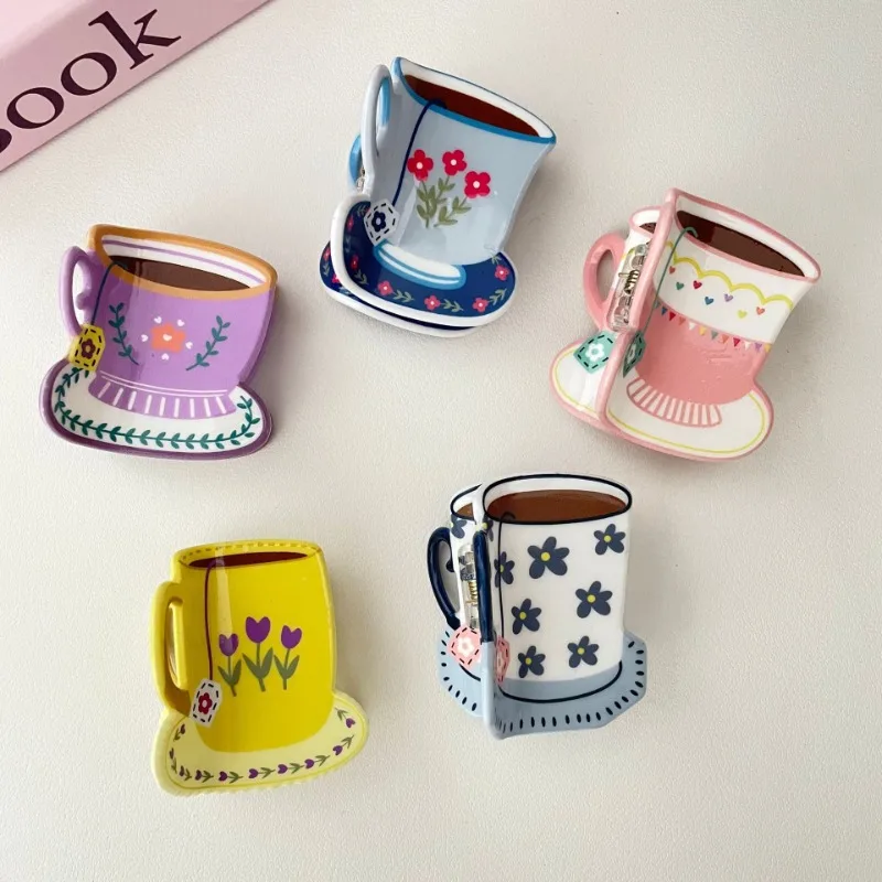 

Акриловая заколка для волос в корейском стиле с цветочной чашкой и кофейной чашкой, милая заколка для волос для женщин и девочек, аксессуары для волос