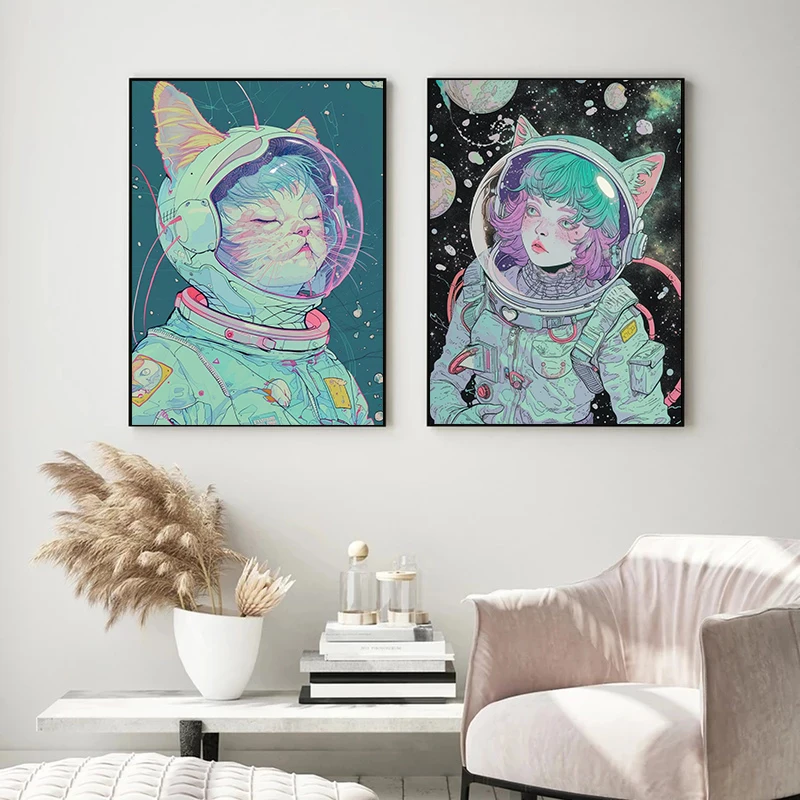 الحديثة البوب نمط الفضاء القط المدينة الكونية المصور الملصقات قماش الطباعة القط الفن الخيال العلمي خمر الجمالية جدار ديكور المنزل #2