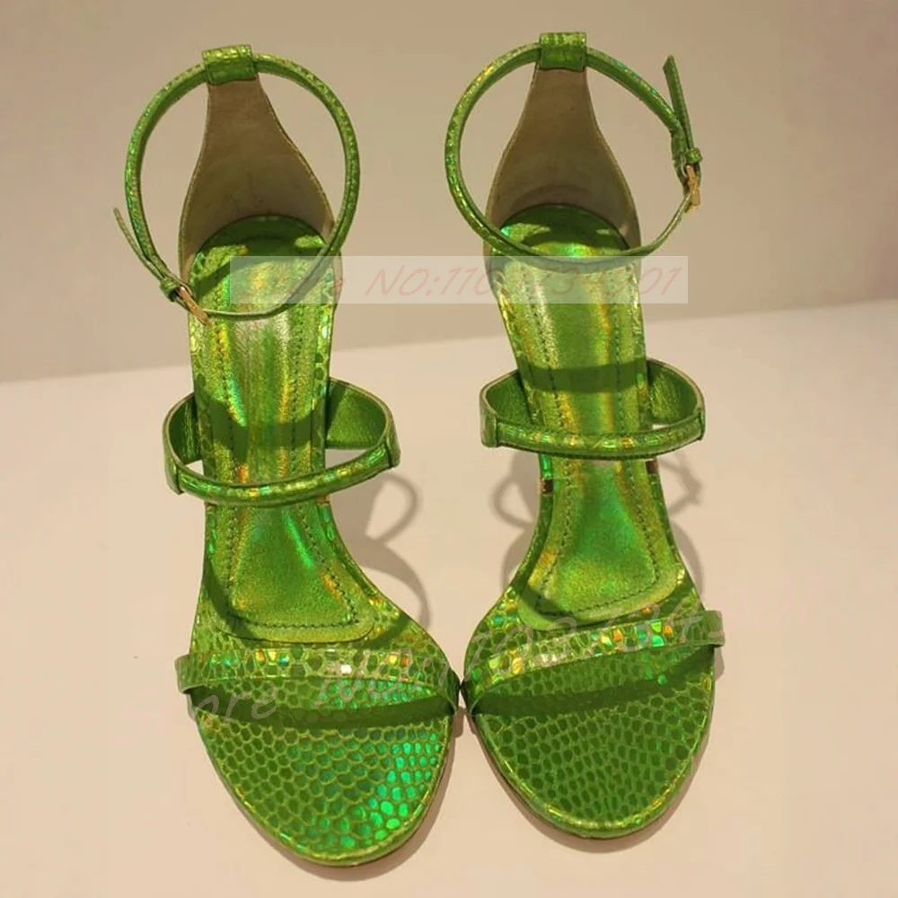 Green Metalic Patterned Heeled Sandals Women Open Toe Snake Scale Pattern Shoes Female Casual Elegant Ankle Strap Sandals
