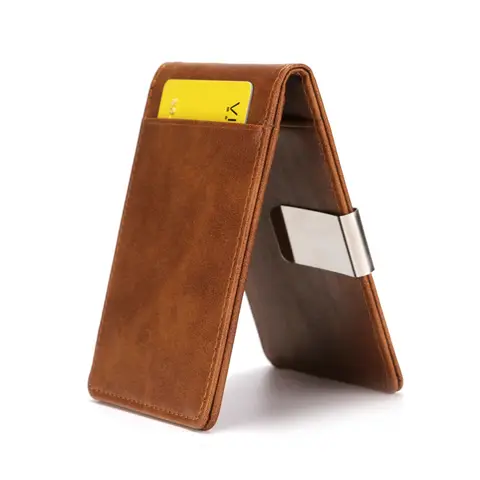 Credit Card Holder Men's Trendy PU leather Creative Stainless Steel Wallet Flip Men's Money Clip Short Card Holder