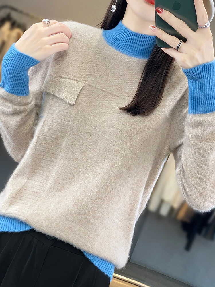 2024 New Spring Autumn Women Cashmere Sweater 100% Merino Wool Knitted  Mock Neck Pullover Color Contrast Soft Long-Sleeved  Top