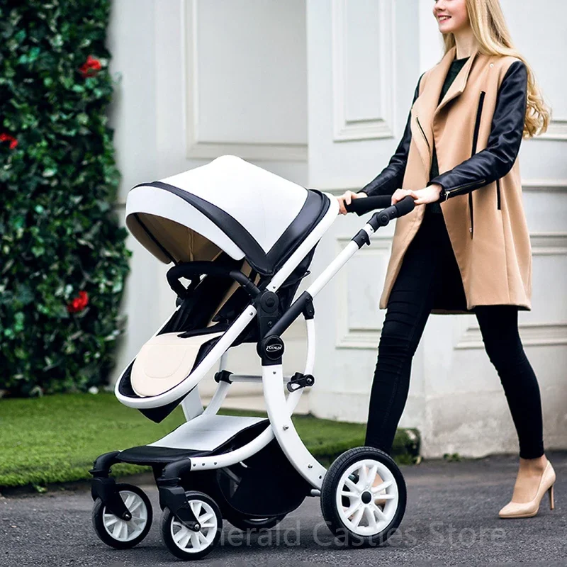 Baby stroller new style High landscape shock-absorbing baby carriage Foldable high-end baby strollers white PU leather fashion