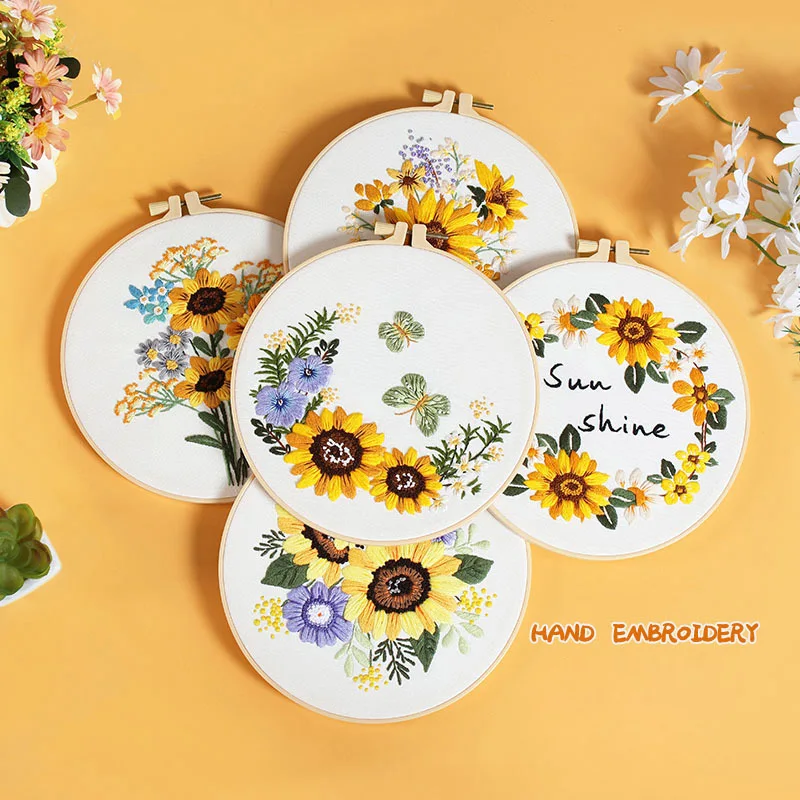 Embroidery Kit for Beginners Adults with Pattern Stamped Beginner Embroidery Starter Kit Color Threads - Sunflower