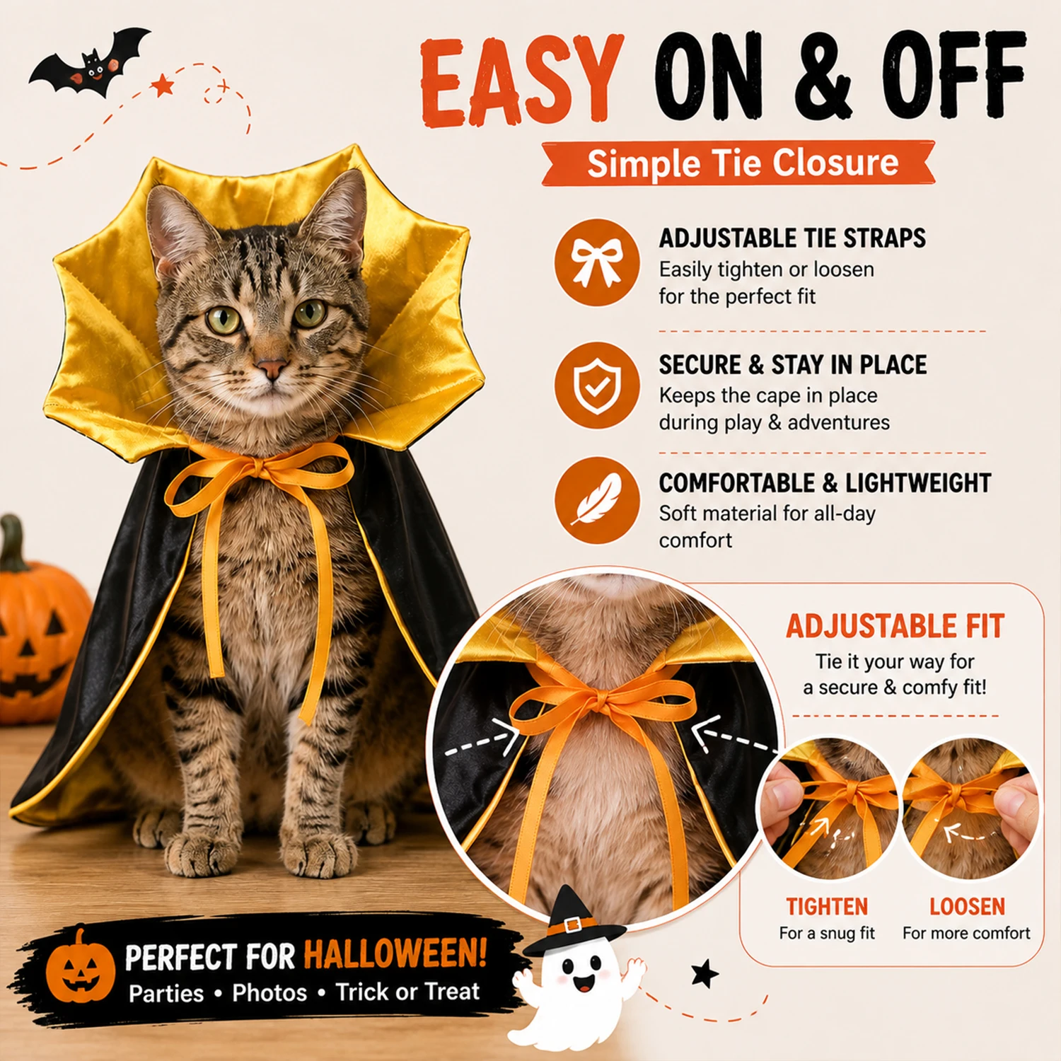 Halloween-Vampirumhang für Katzen und kleine Hunde, schwarzes, orangefarbenes Fledermausflügel-Kostüm für Haustiere, verstellbare, elastische Beinriemen und Bindebänder. – Detail 3