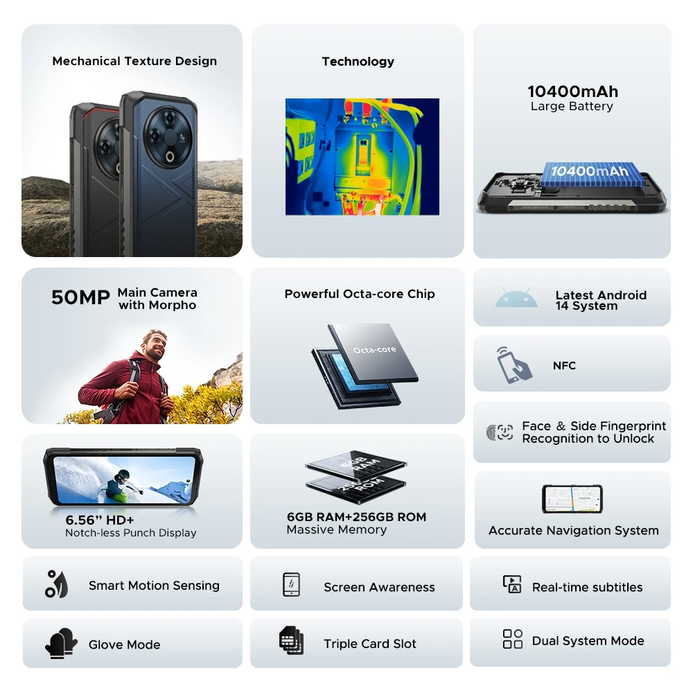 Global Version DOOGEE Fire 6 16GB 256GB Rugged Phone 6.56" 90Hz Display Thermal Imaging Unisoc T606 10400mAh Battery Android 14