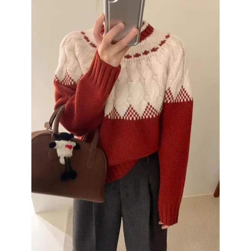 Contrast Color Autumn Winter Round Women's Clothing Pullover Long Sleeve Screw Thread Sweater Knitted Casual Loose Tops B280