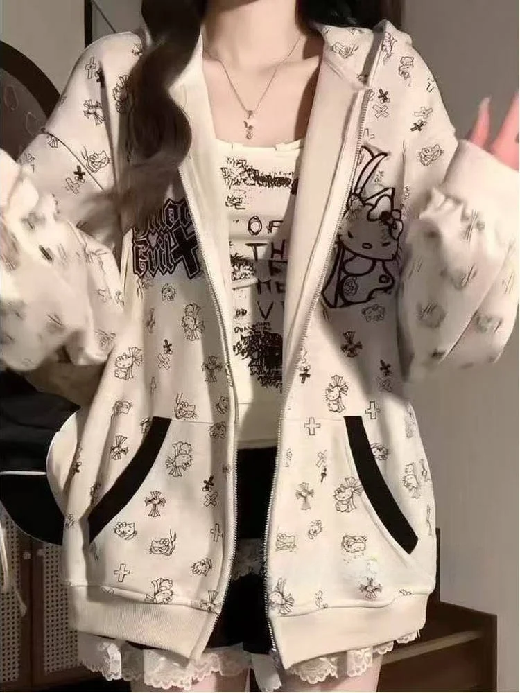 레트로 아메리칸 만화 후드티 여성용 가을 겨울 두꺼운 루즈핏 가디건 아우터웨어 대학 스타일 트렌디 인스 여성용 스웨트...