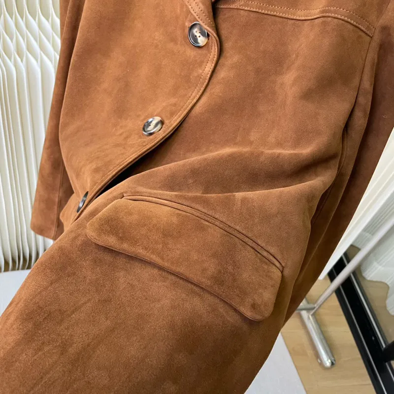 2024 New Brown Real Leather Women Suede Coat Button Outfit Spring Autumn Women Fashion Female Outwear