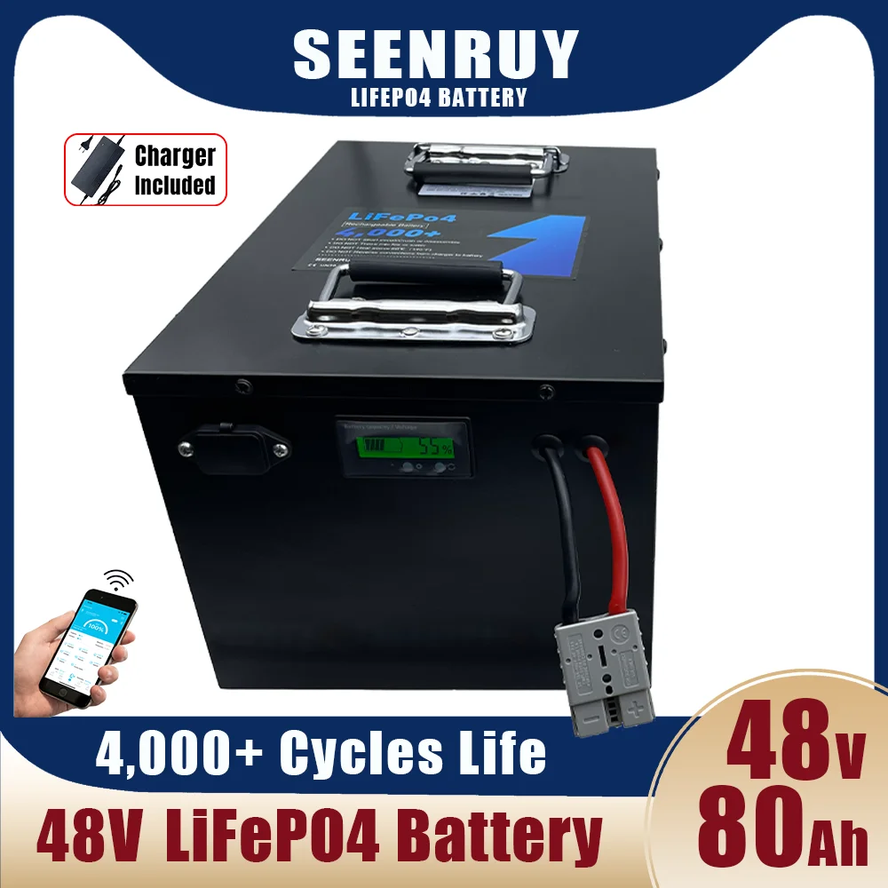 48V 80Ah Lifepo4 Battery Pack Optional Bluetooth BMS for 5kw  Motorcycle Rickshaw Golf Cart RV with 10A Charger