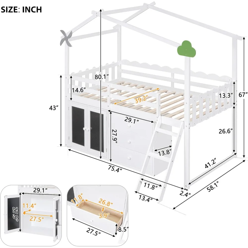 Wooden Twin Size Loft Bed with Drawers,Cabinet fitted with Black Boards,House Bedframe for Kids/Bedroom