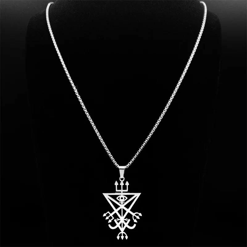Sigil Church of Satan Trident Stainless Steel Necklace Seal of Lucifer LaVey Hidden Devil Eye Silver Color Long Necklace Jewelry