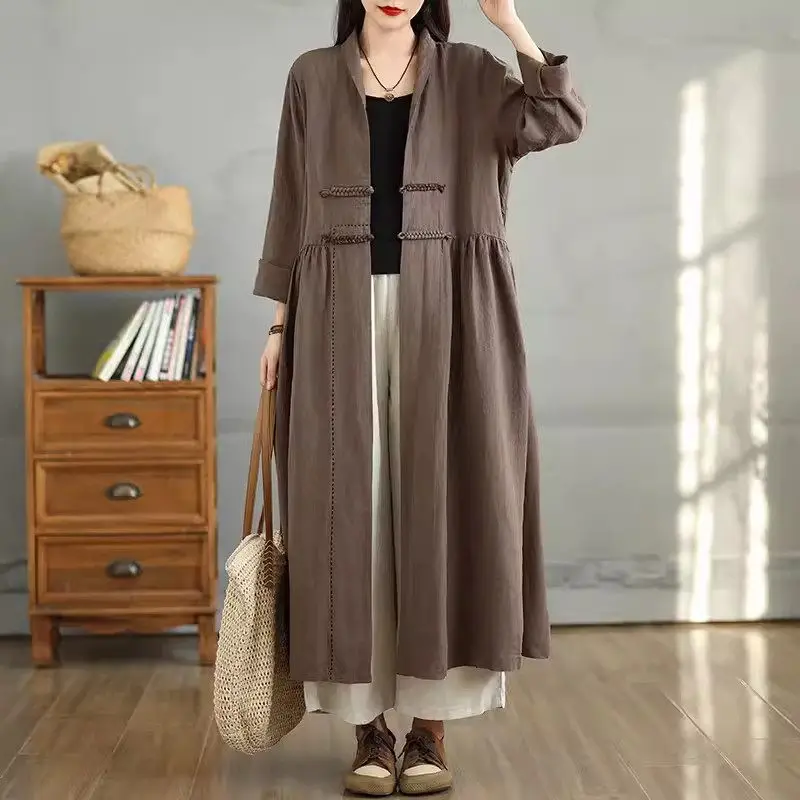 2024 Atumn Long Cotton And Linen Clothing Chinese Retro Button Long Sleeved V-Neck Jacket Dress Women Single Breasted Robe k2267