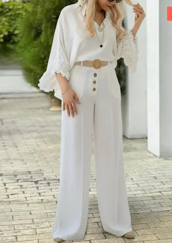 Two Piece Set Women Outfit 2026 Spring New V-Neck Ruffles Cuffs Asymmetrical Hem Loose Top & Elastic Waist Wide Leg Pants Set
