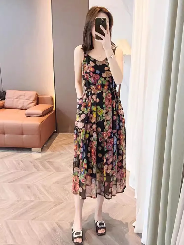 

Ice Silk Thin Floral Print Halter Dress Set Women's Fashion Slimming Spring Summer New Style V Neck Long Sleeve Two Piece Suit