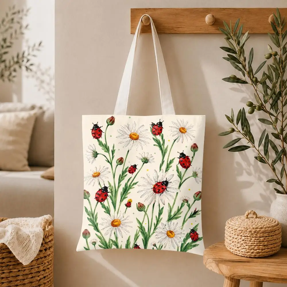 Ladybugs With Daisies Pattern Storage Bags Large Capacity Canvas Tote Bag Double-Sided Print Shoulder Handbag for Daily Shopping