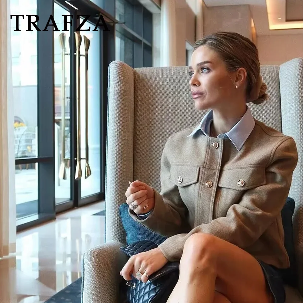 TRAFZA 2024 Spring Summer Solid Women Casual Jackets Fashion Vintage Elegant O Neck Single Breasted Double Pockets Lady Coats